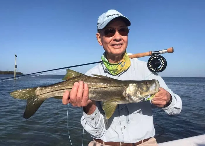 Fisherman holding up a snook caught while fly fishing