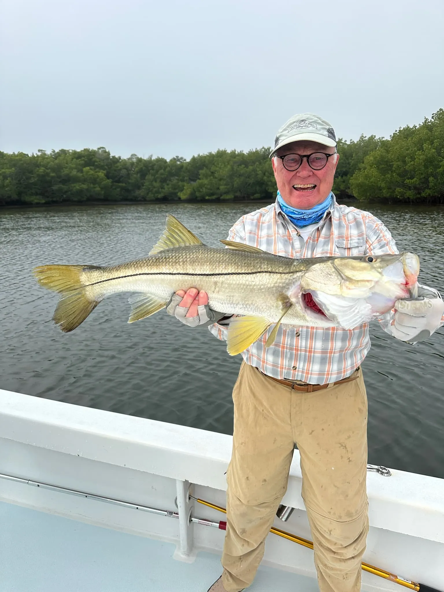 Angler holding a snook on an inshore charter near Anna Maria Island